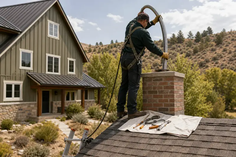 A harnessed technician guiding a flexible stainless steel liner down into the flue at the top of a brick chimney with a concrete crown on an asphalt shingle roof; illustrative image