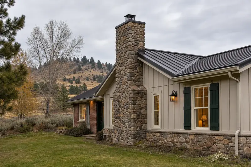 A 2000s ranch house with a stone-veneer front with a fieldstone chimney on a metal roof and neat, even mortar joints; illustrative image