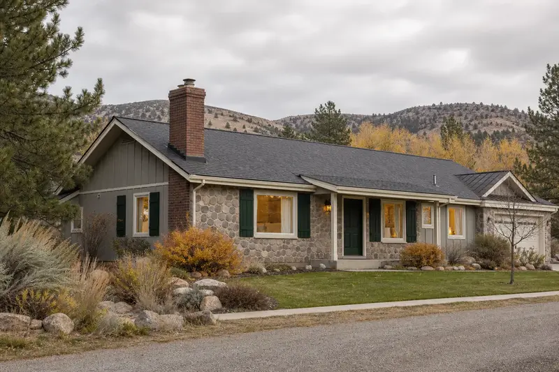 A 2000s ranch house with a stone-veneer front with a brick chimney with a concrete crown on an asphalt shingle roof and neat mortar joints; illustrative image