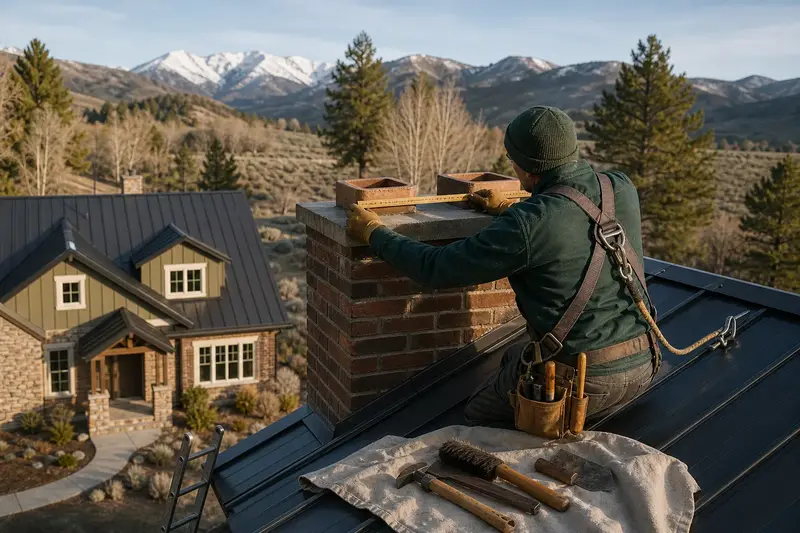 A harnessed mason measuring the crown of a two-flue brick chimney on a steep gable roof with a folding rule; illustrative image