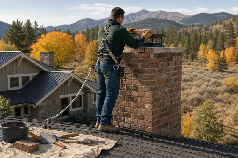 A harnessed mason setting a replacement brick near the top of a brick chimney with a concrete crown on an asphalt shingle roof; illustrative image