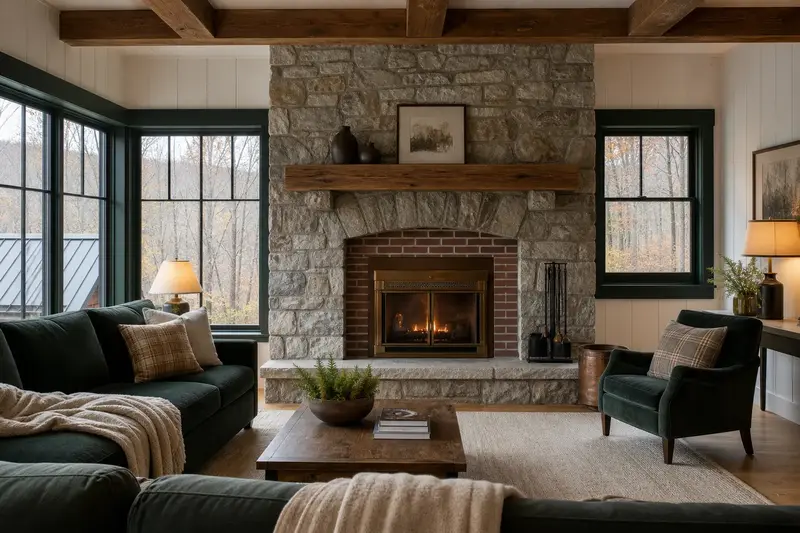 A clean hearth room with a wood-burning insert in a brick opening, glass doors closed, in soft daylight; illustrative image