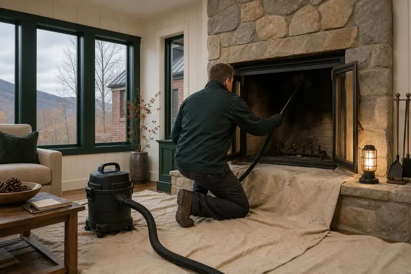 A technician brushing the flue of a factory-built wood-burning fireplace with a stone facing from the firebox, drop cloths and a sealed vacuum in place; illustrative image