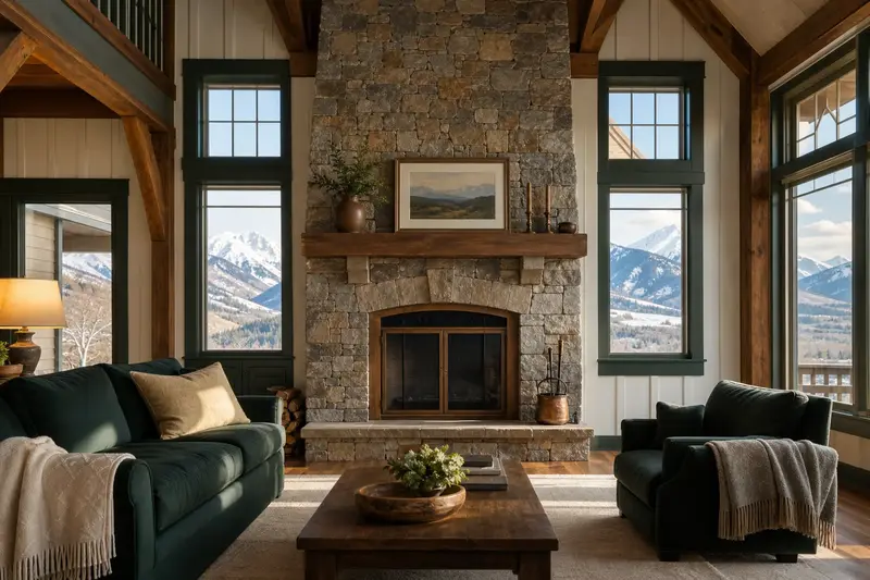 A calm hearth room with an open masonry wood-burning fireplace, glass doors closed and no fire; illustrative image