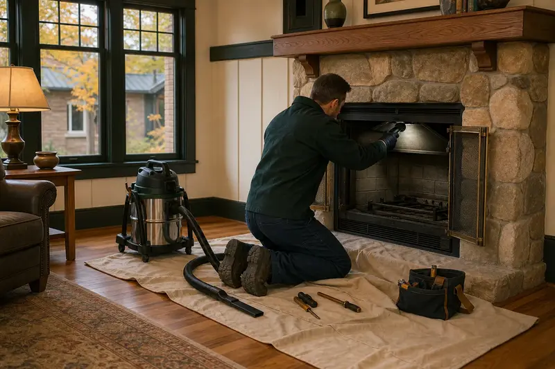 A technician checking the damper and smoke chamber of a factory-built wood-burning fireplace with a stone facing by flashlight, the fireplace cold; illustrative image