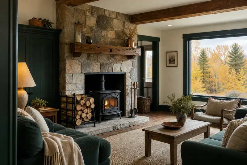 A hearth room with a cast-iron wood stove on a stone hearth pad, split firewood in a steel rack and a clear hearth; illustrative image