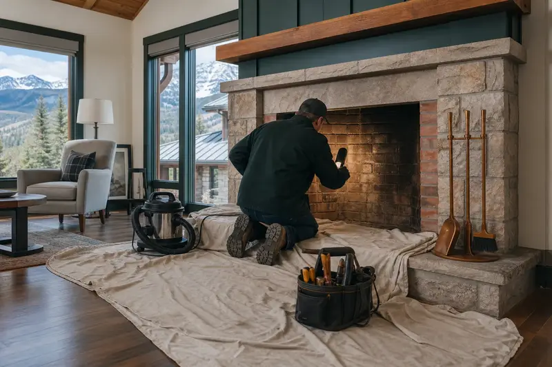 A technician checking the firebox walls of an open masonry wood-burning fireplace with a work light, a drop cloth on the hearth; illustrative image