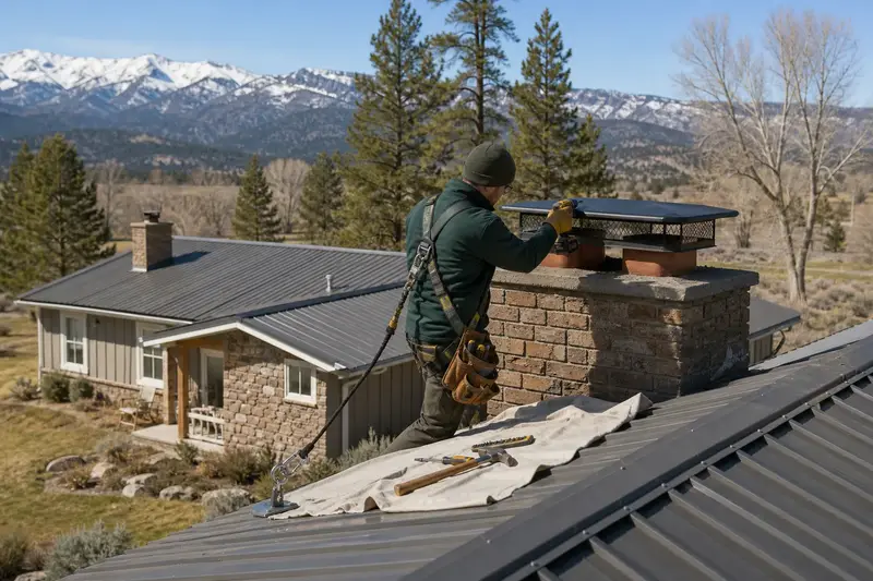 A harnessed technician fastening a multi-flue cap over the crown of a two-flue brick chimney on a steep gable roof; illustrative image