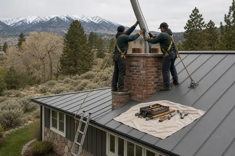 Two harnessed technicians feeding a stainless steel liner into a two-flue brick chimney on a steep gable roof from a dry roof; illustrative image