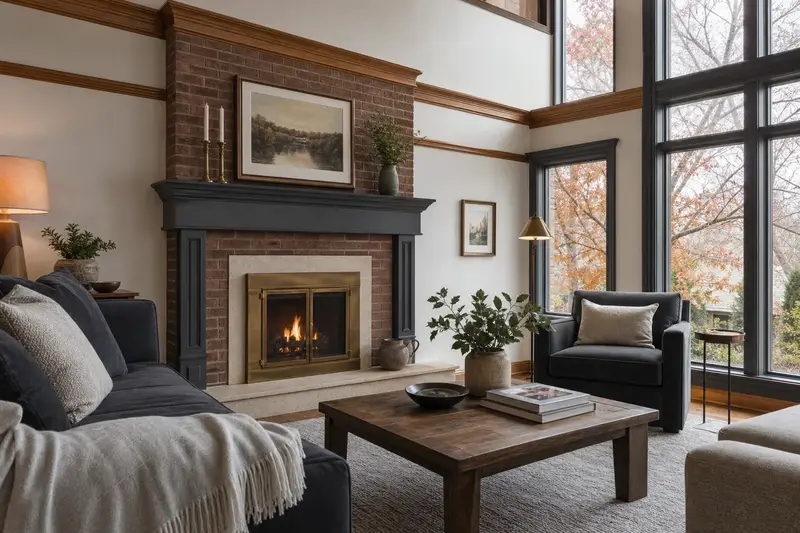 A living room with a wood-burning insert in a brick opening and a small fire behind a screen, no one present; illustrative image