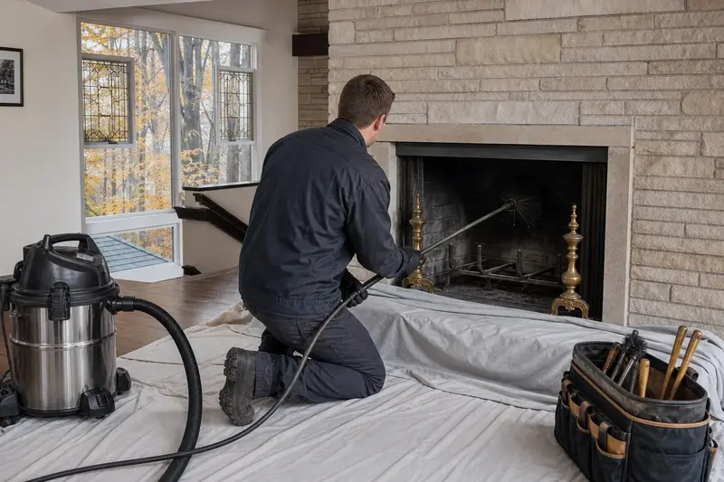 A technician kneeling at an open masonry wood-burning fireplace with a sealed vacuum and drop cloths, the fireplace cold and unlit; illustrative image