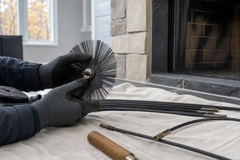 A rotary brush head and flexible rods laid on a canvas drop cloth beside a factory-built wood-burning fireplace with a stone facing; illustrative image