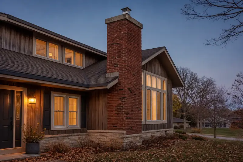 A 1980s cedar-sided contemporary house with a red brick chimney with a concrete crown and a stainless steel cap; illustrative image