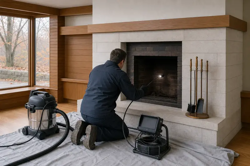 A technician guiding an inspection camera into the firebox of an open masonry wood-burning fireplace, the fireplace cold and unlit; illustrative image
