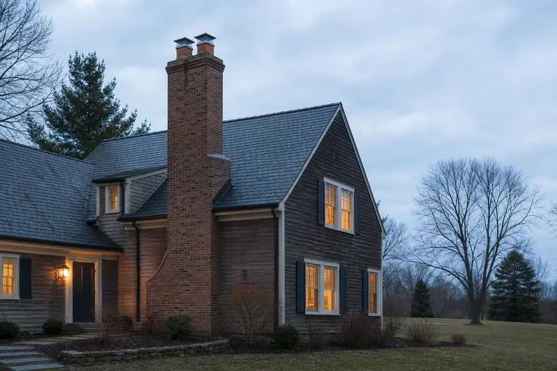 A 1980s cedar-sided contemporary house in soft daylight with a two-flue brick chimney on a slate roof and even brickwork; illustrative image