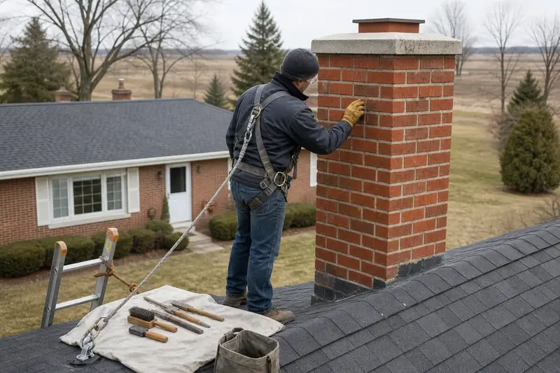 A harnessed mason examining the brickwork of a red brick chimney with a concrete crown with a gloved hand; illustrative image