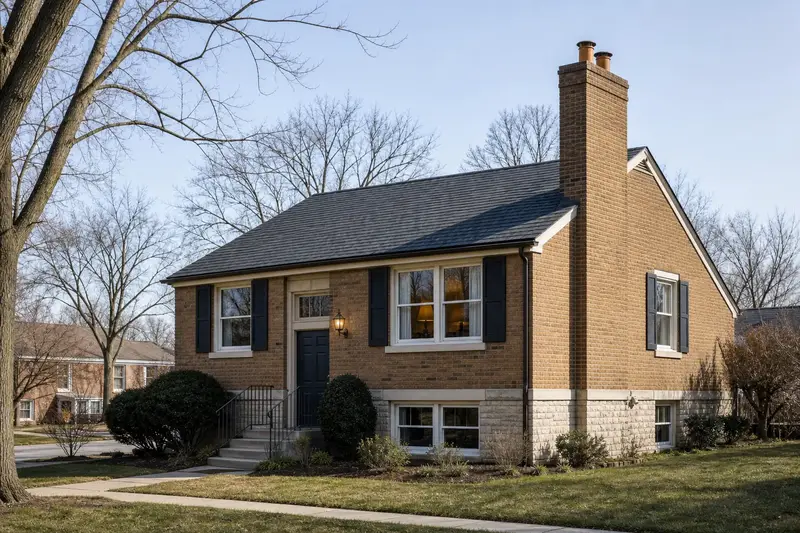 A 1980s split-level house with a two-flue brick chimney on a slate roof and neat, even mortar joints; illustrative image