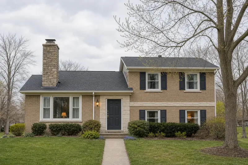 A 1980s split-level house with a stone masonry chimney and neat mortar joints; illustrative image