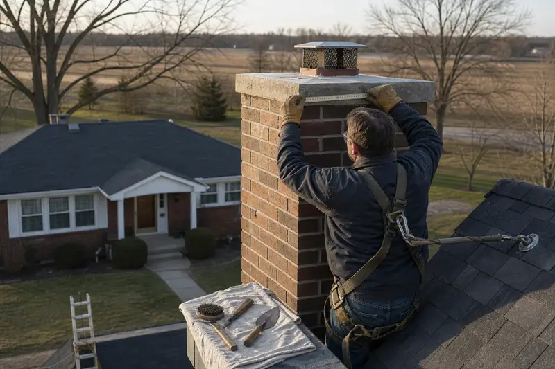 A harnessed mason measuring the crown of a tall brick chimney on a steep gable roof with a folding rule; illustrative image
