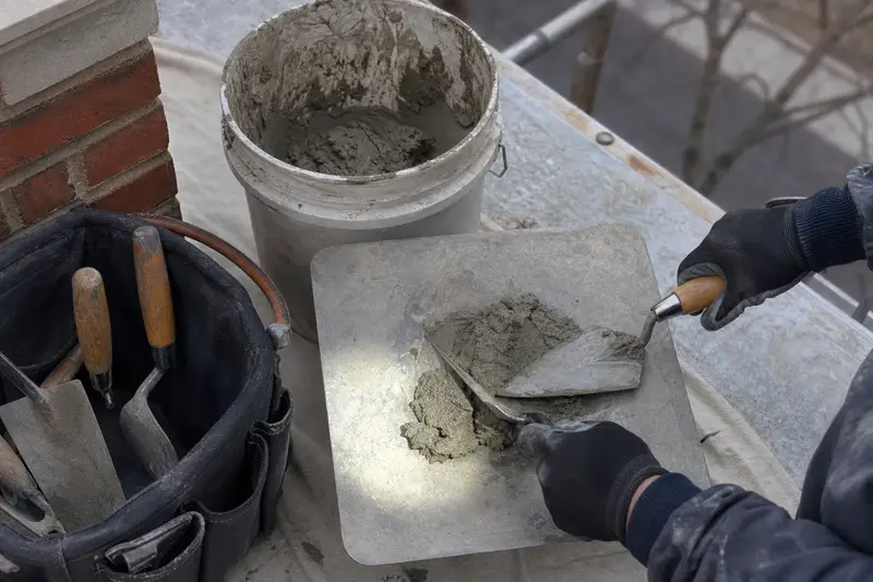 A mortar hawk, trowels and a bucket of mixed mortar set on a roof work platform; illustrative image