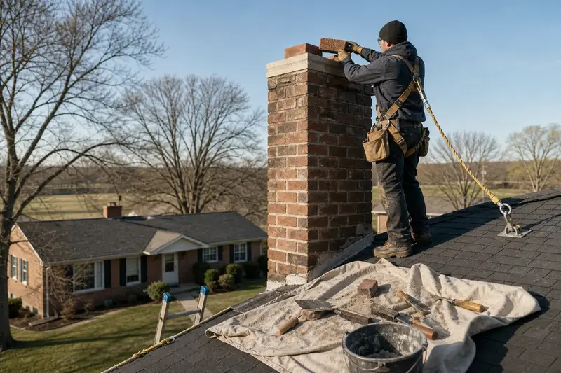 A harnessed mason setting a replacement brick near the top of a tall brick chimney on a steep gable roof; illustrative image