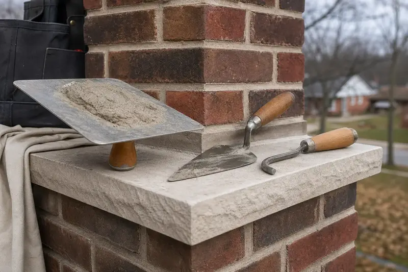 A mortar hawk, pointing trowel and jointer resting on sound brick at a chimney shoulder; illustrative image
