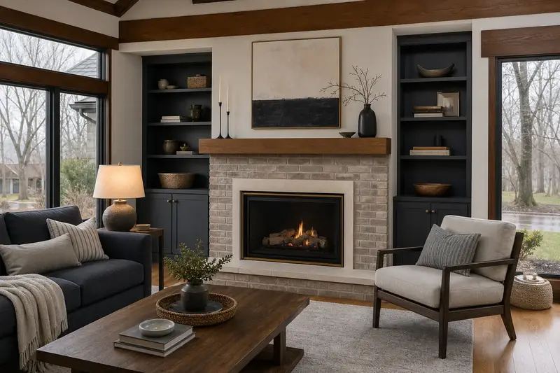 A remodeled hearth wall with a vented gas log set in a masonry firebox, a slim wood mantel and built-in shelves; illustrative image