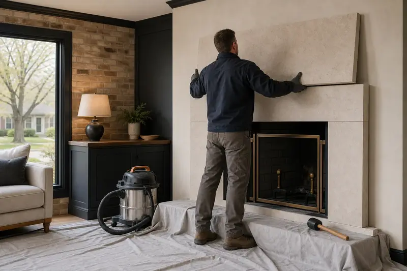 An installer setting a large stone panel onto a new fireplace surround, the firebox cold; illustrative image