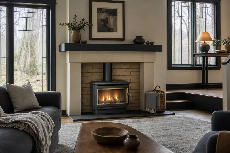 A living room with a freestanding gas stove glowing warmly behind glass, no one present; illustrative image