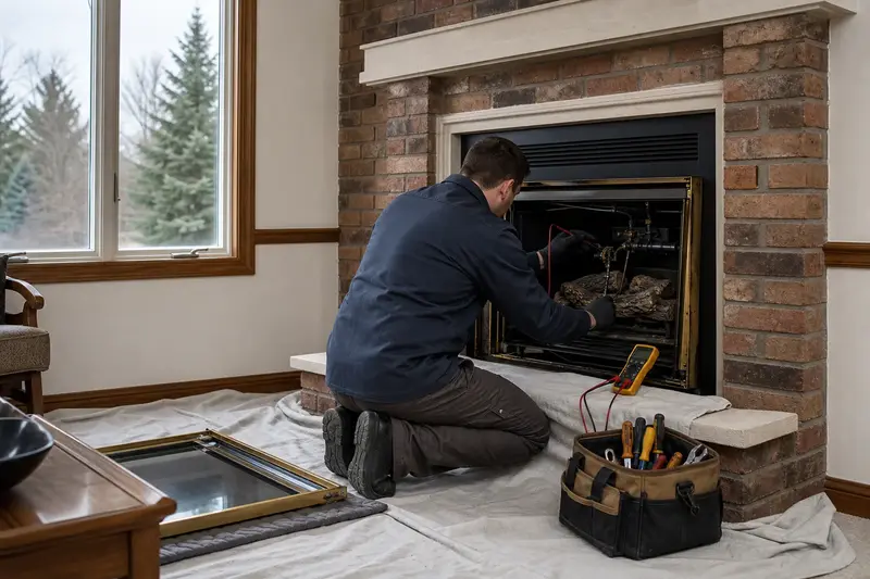 A technician testing the igniter of a gas insert set in a brick opening with the glass front set aside; illustrative image