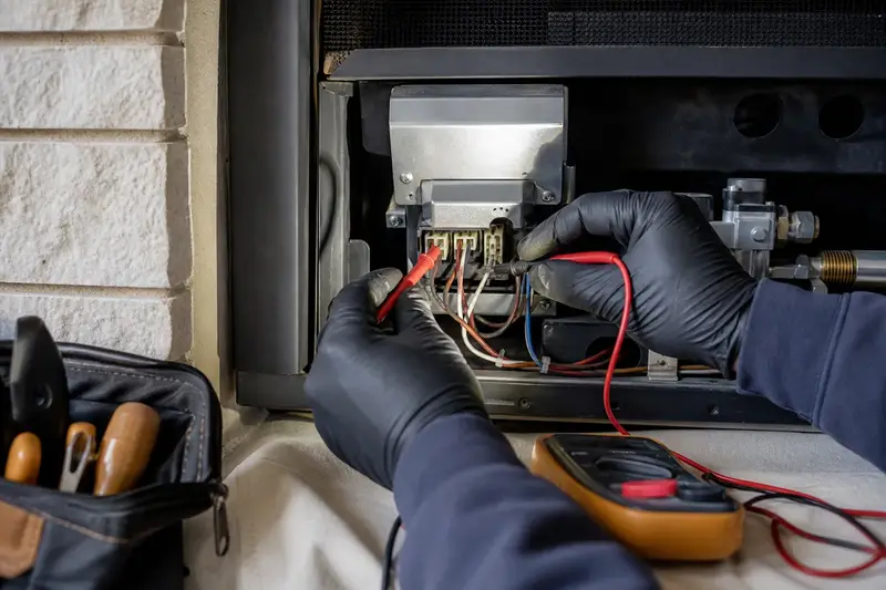 A gas fireplace control module with wires and a multimeter probe, seen up close; illustrative image