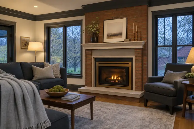 A warm living room with a direct-vent gas fireplace glowing softly behind its glass, no one present; illustrative image