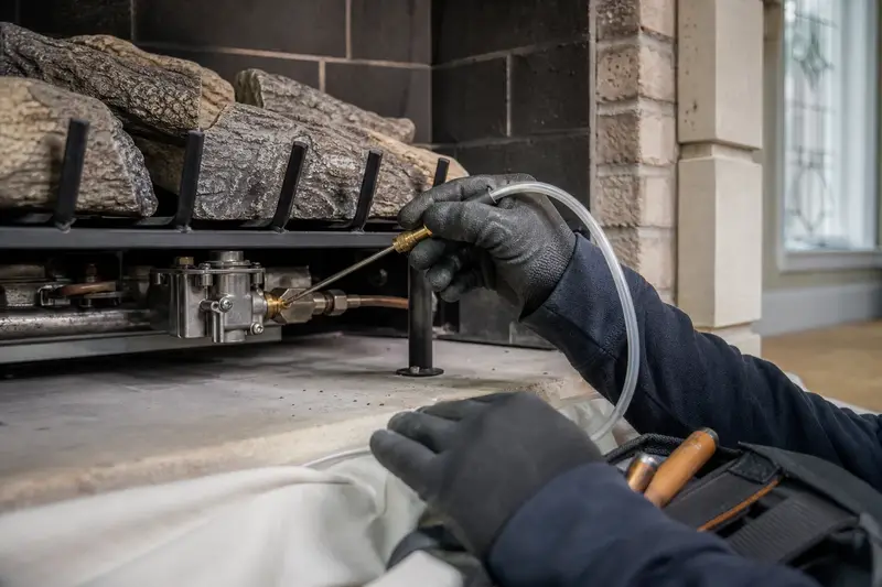 Gloved hands holding a manometer probe at the gas valve beneath a vented gas log set in a masonry firebox; illustrative image