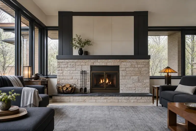 A tidy hearth room with a factory-built wood-burning fireplace with a stone facing, a cleared hearth, fireplace tools and split firewood; illustrative image