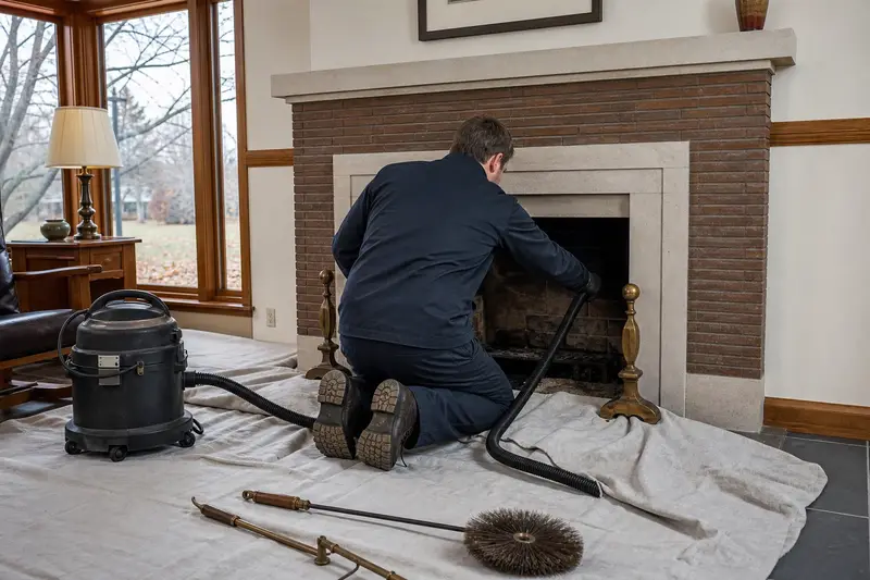 A technician kneeling at an open masonry wood-burning fireplace with a sealed vacuum and drop cloths, the fireplace cold and unlit; illustrative image