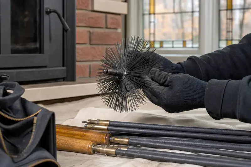 A rotary brush head and flexible rods laid on a canvas drop cloth beside a wood-burning insert in a brick opening; illustrative image
