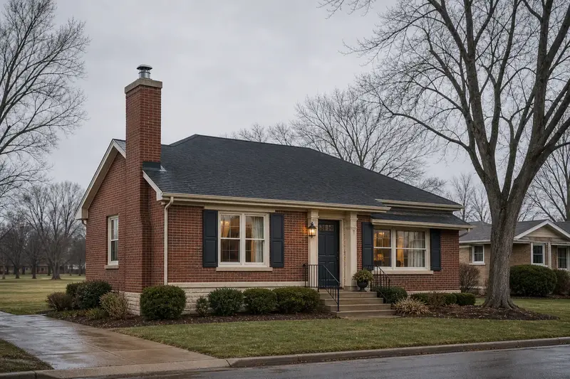 A 1950s brick bungalow with a red brick chimney with a concrete crown and a stainless steel cap; illustrative image