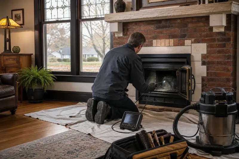 A technician guiding an inspection camera into the firebox of a wood-burning insert in a brick opening, the fireplace cold and unlit; illustrative image