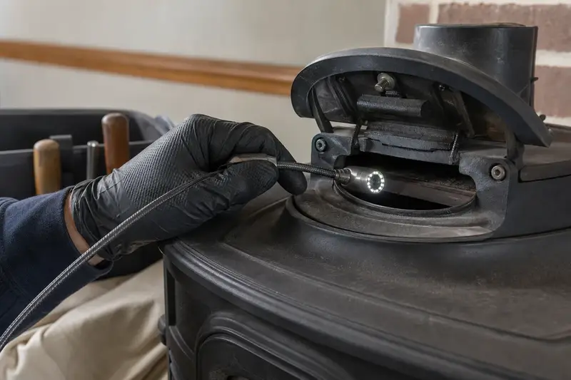 An inspection camera head on a flexible cable at the damper opening of a freestanding gas stove; illustrative image