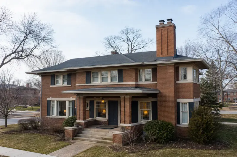A 1950s prairie-style house in soft daylight with a two-flue brick chimney on a slate roof and even brickwork; illustrative image