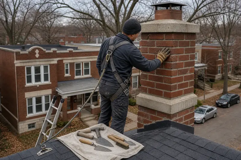 A harnessed mason examining the brickwork of a red brick chimney with a concrete crown with a gloved hand; illustrative image