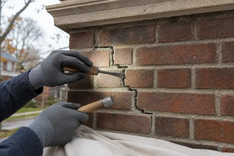A stepped crack through mortar joints on a brick chimney, seen up close; illustrative image