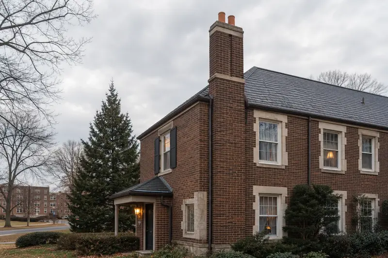 A 1950s brick two-flat with a two-flue brick chimney on a slate roof rising above the roof; illustrative image