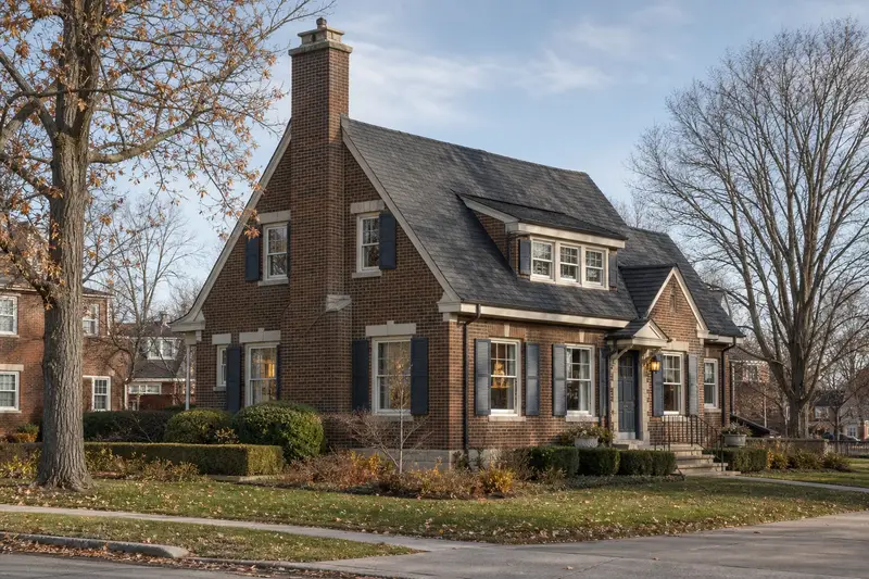 A 1950s prairie-style house with a tall brick chimney on a steep gable roof and neat mortar joints; illustrative image