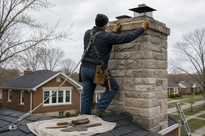 A harnessed mason measuring the crown of a stone masonry chimney with a folding rule; illustrative image