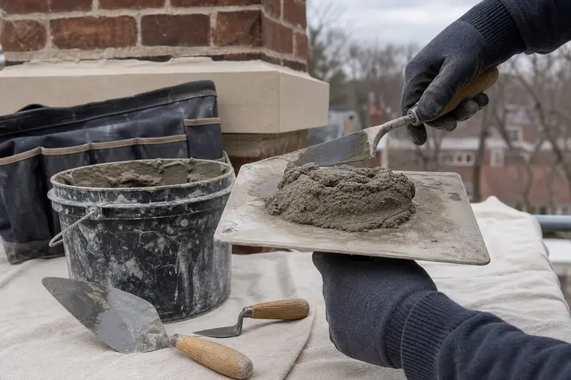 A mortar hawk, trowels and a bucket of mixed mortar set on a roof work platform; illustrative image