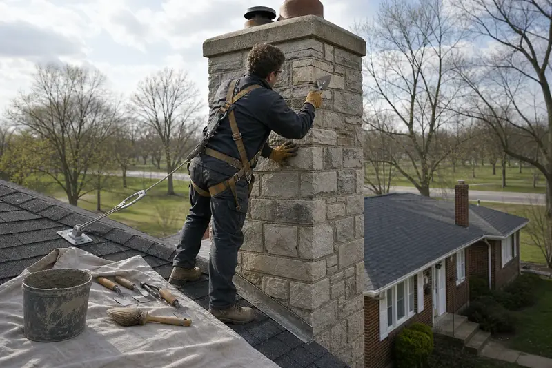 A harnessed mason repointing mortar joints on a stone masonry chimney with a pointing trowel; illustrative image