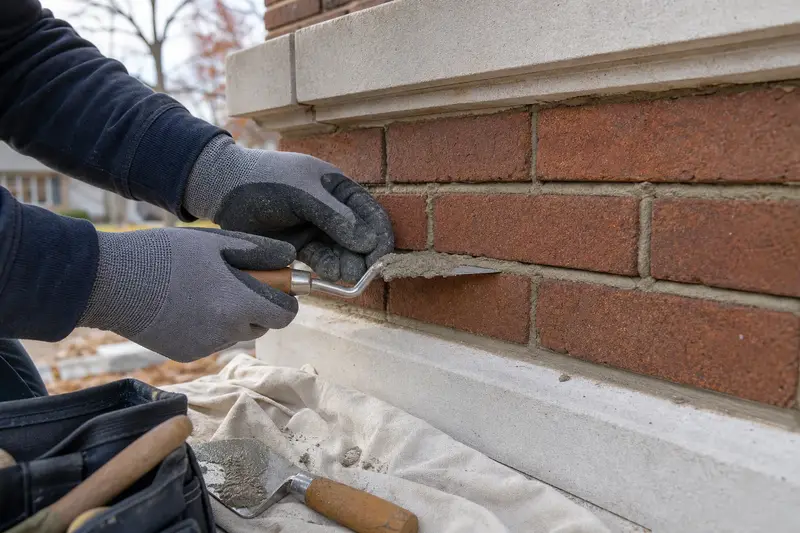 Gloved hands pressing fresh mortar into a raked joint with a tuckpointing trowel; illustrative image