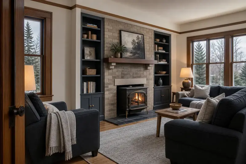 A remodeled hearth wall with a cast-iron wood stove on a stone hearth pad, a slim wood mantel and built-in shelves; illustrative image
