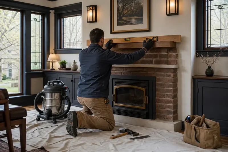 An installer leveling a new wood mantel above a wood-burning insert in a brick opening; illustrative image